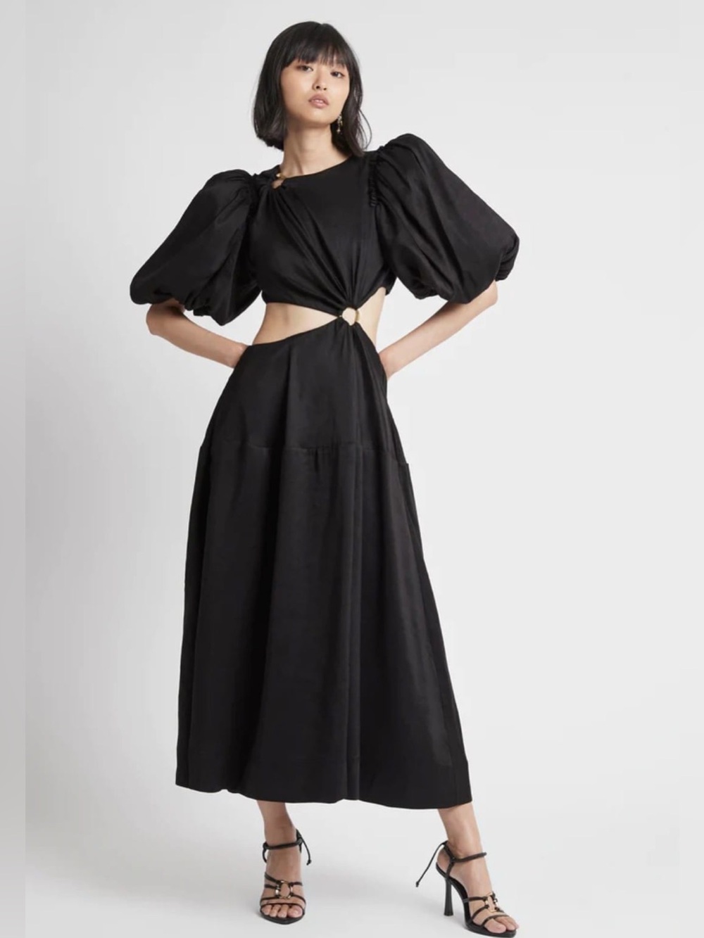 Aje Vanades Black Linen Cutout Ring Puff Sleeve Midi Dress AUS 10 US 6